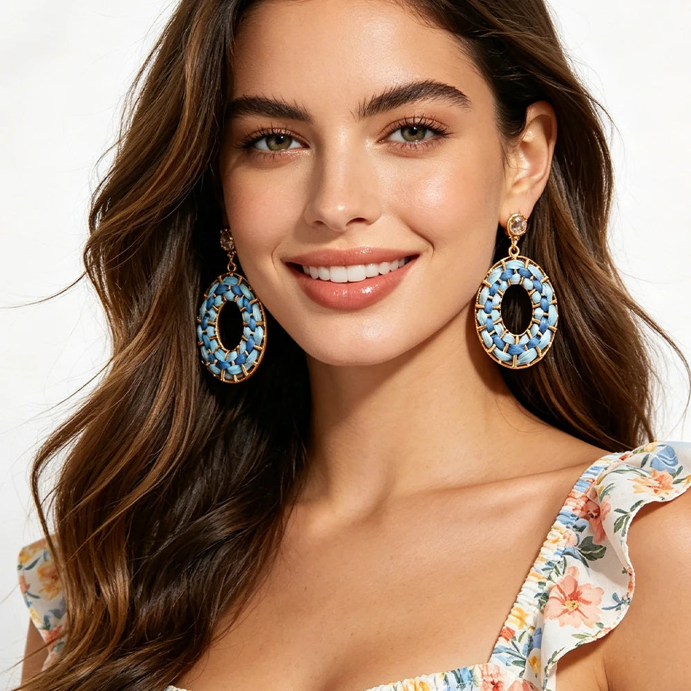 Summer Raffia Weave Drop Earrings Blue Gradient With Gold Tone Frame And Sparkle Crystal Statement Accessory For Womens Vacation
