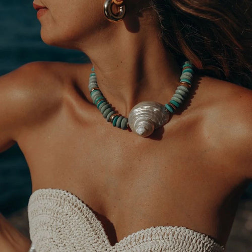 Exaggerated Stone Large Conch Necklace for Women Fashion Baroque Pearl Jewelry Summer Beach Party Gift