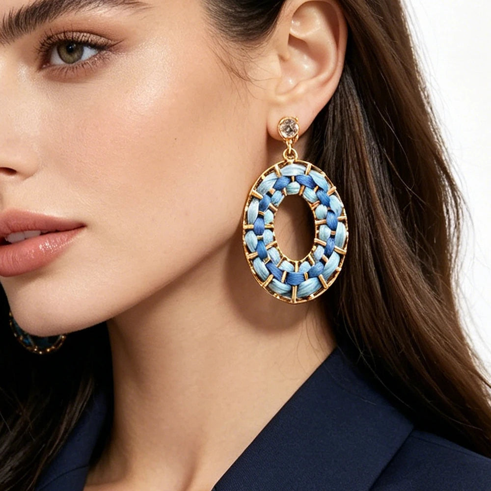 Summer Raffia Weave Drop Earrings Blue Gradient With Gold Tone Frame And Sparkle Crystal Statement Accessory For Womens Vacation
