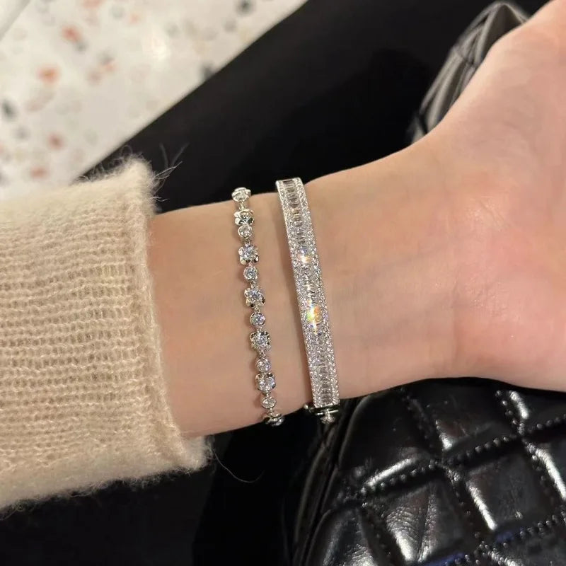 High quality silver 925 Silver Full Diamond Square bracelet for women Exquisite Luxury and Fashion bangles Wedding Jewelry Gift
