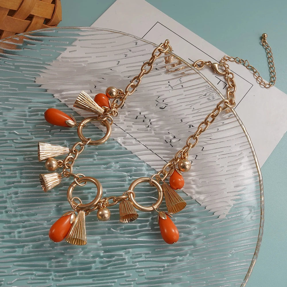 Orange Tassel & Gold Chain Choker Necklace Bohemian Retro Style Jewelry for Daily & Festival Looks