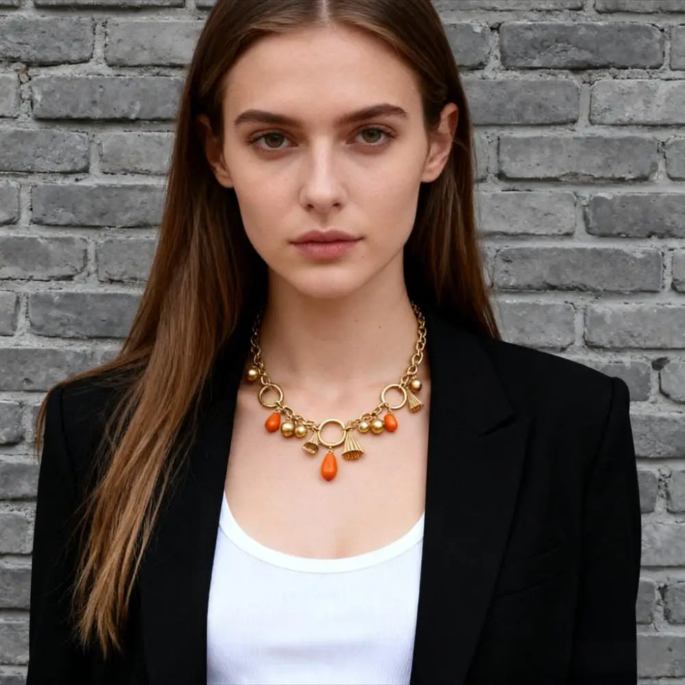Orange Tassel & Gold Chain Choker Necklace Bohemian Retro Style Jewelry for Daily & Festival Looks